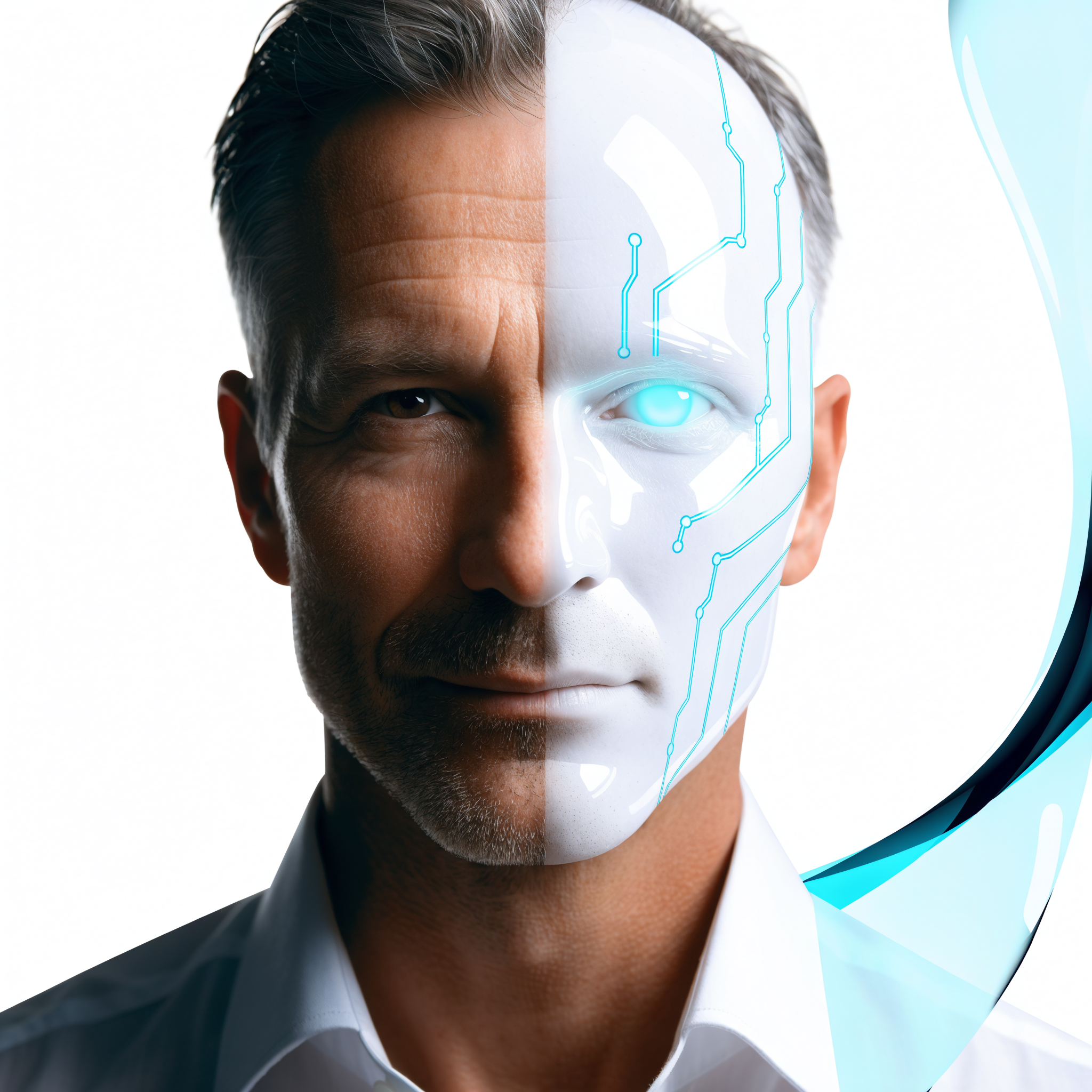 A coach portrait that is half human and half AI