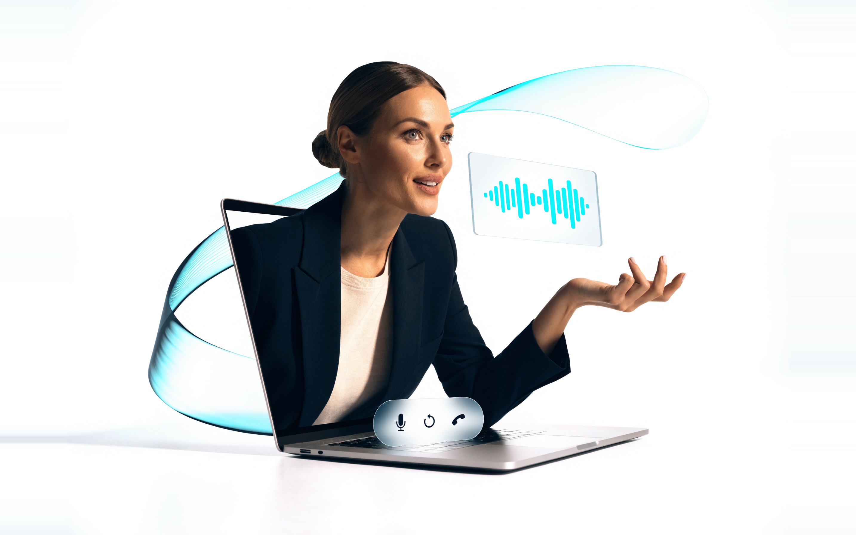 A lifelike AI role-play partner leaning out of a laptop mid-conversation
