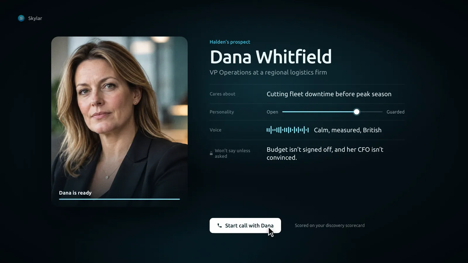 Dana Whitfield, VP Operations at a regional logistics firm: cares about fleet downtime, guarded, won't mention that the budget isn't signed off unless asked