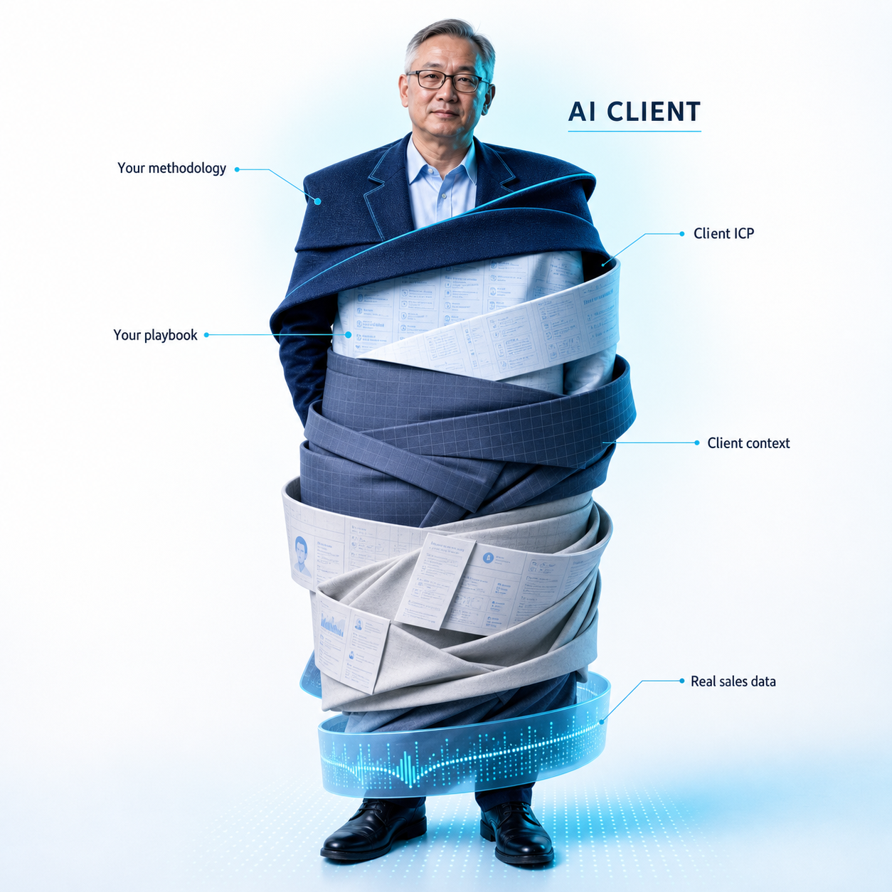 AI client persona constructed from trainer methodology, client context, ICP, and sales data