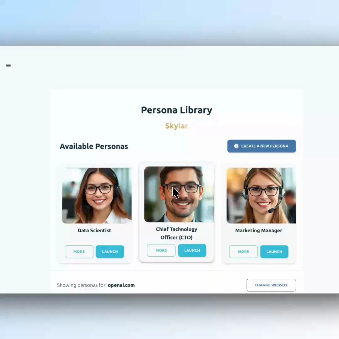 Skylar&#x27;s Persona Library showing three available buyer personas: Data Scientist, CTO, and Marketing Manager