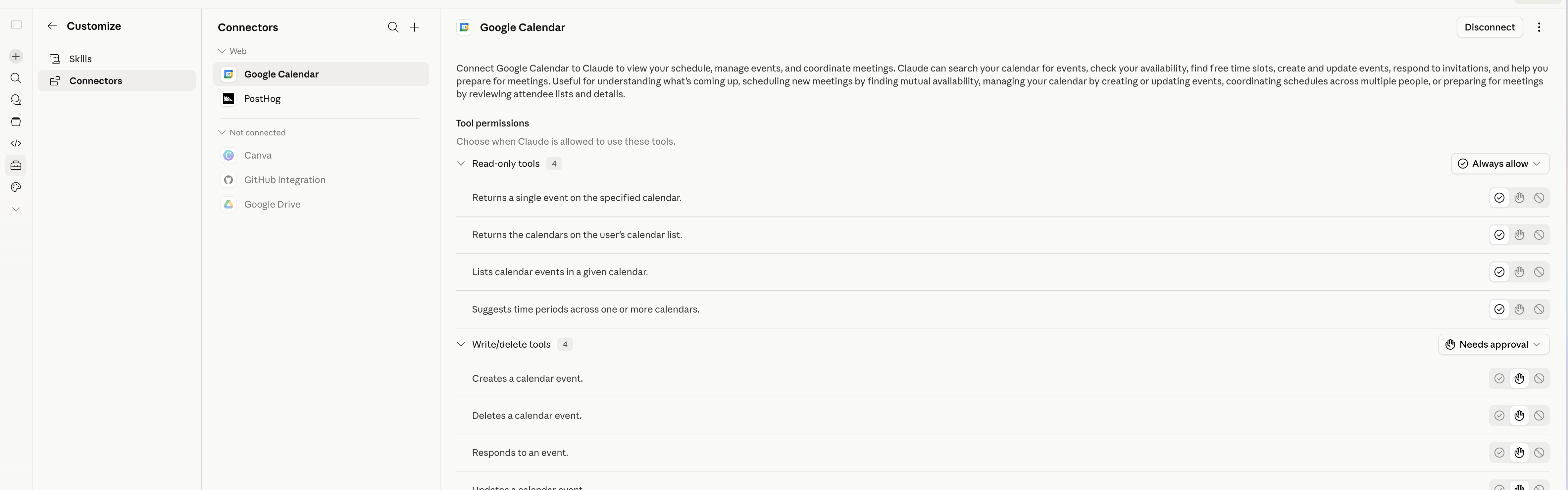 Claude connector management page with the add button