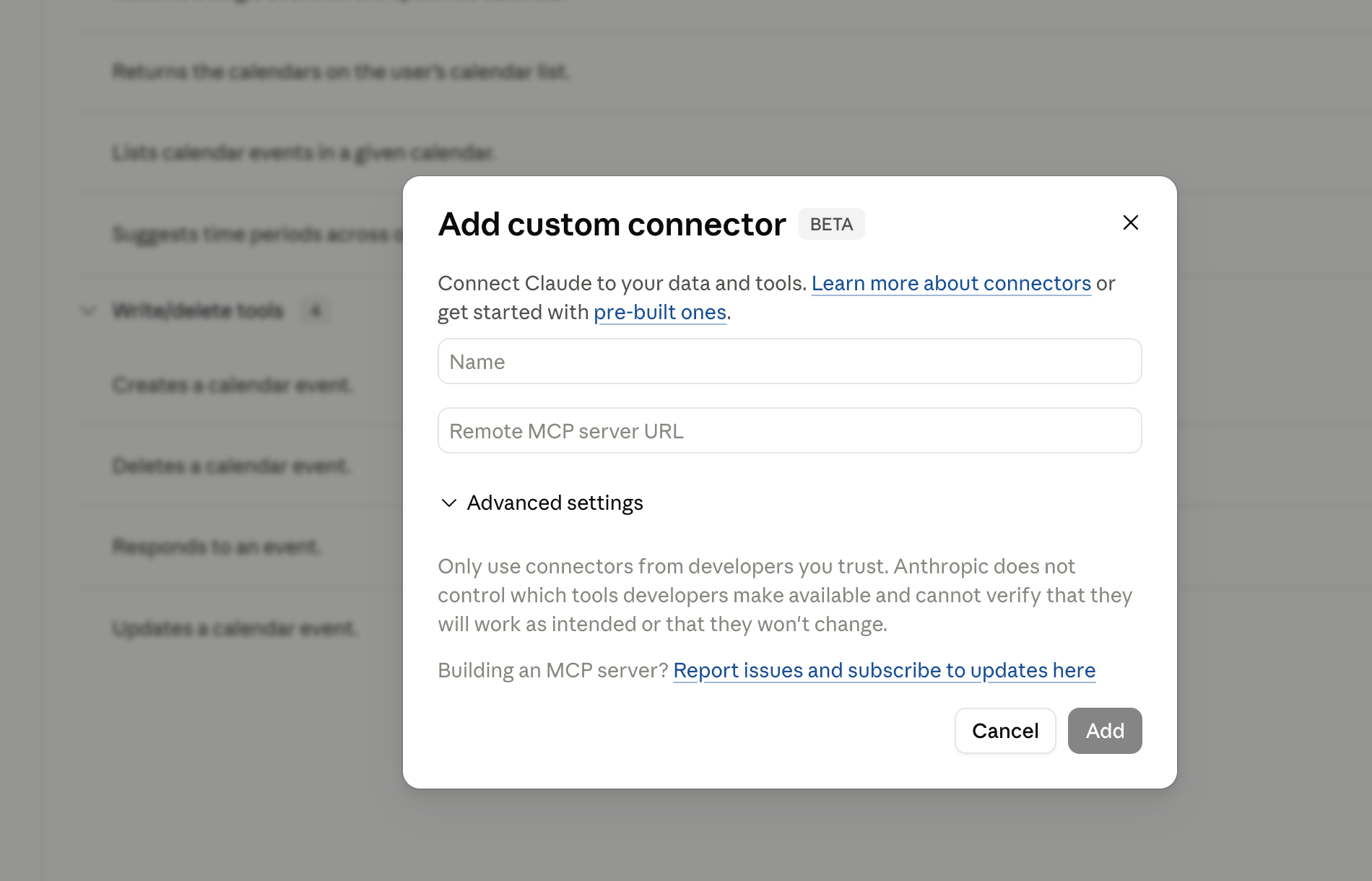 Empty Add custom connector form in Claude