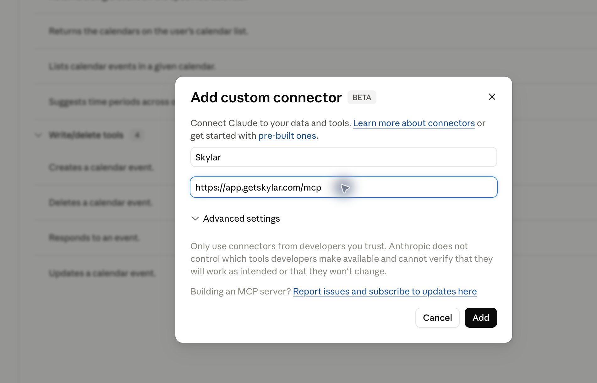 Skylar connector name and URL entered in Claude